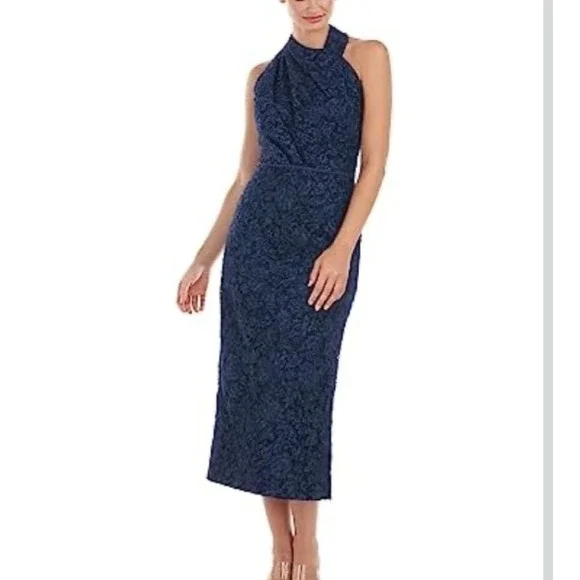 JS Collection Sz 8 Scarlet Wrap Tea Length Dress Navy Embroidered Mesh Soutache - Picture 14 of 15